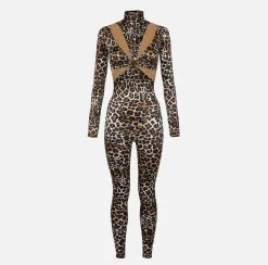 Elisabetta Franchi Jumpsuits|Animalier print Lycra jumpsuit with cut-out pattern and logo accessory Animalprint