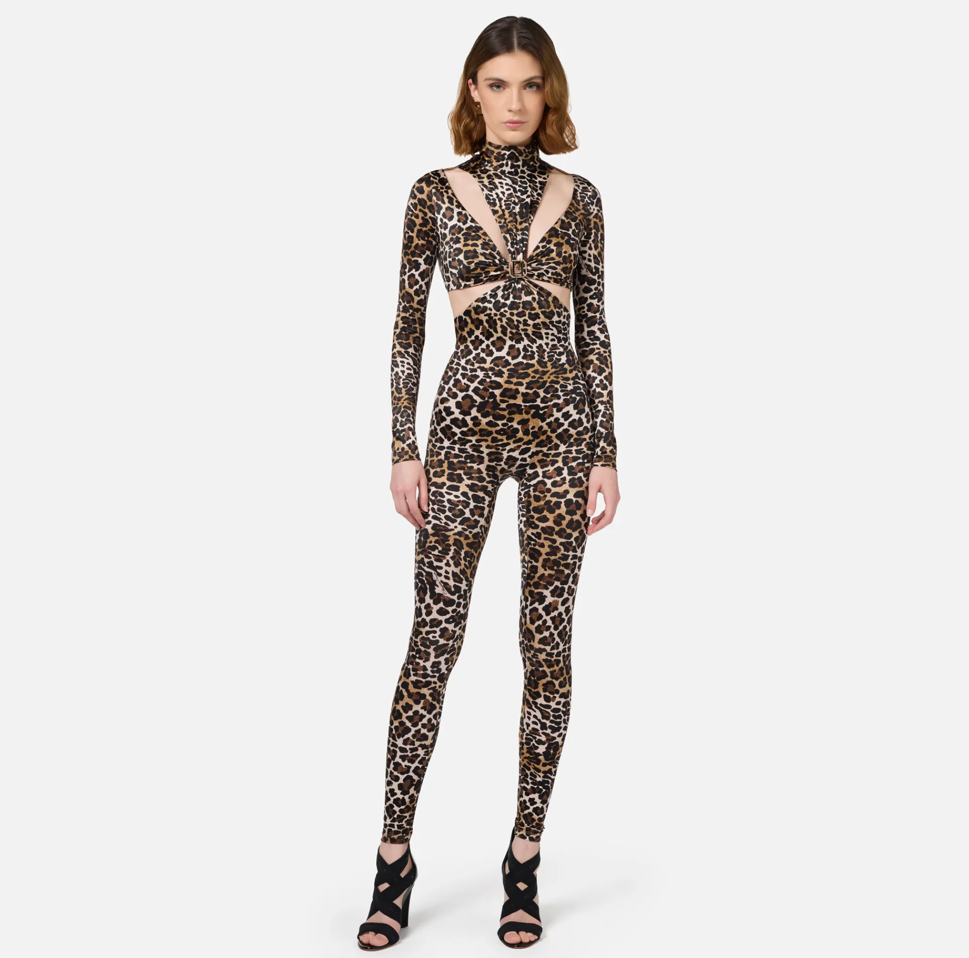 Elisabetta Franchi Jumpsuits|Animalier print Lycra jumpsuit with cut-out pattern and logo accessory Animalprint