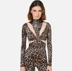 Elisabetta Franchi Jumpsuits|Animalier print Lycra jumpsuit with cut-out pattern and logo accessory Animalprint
