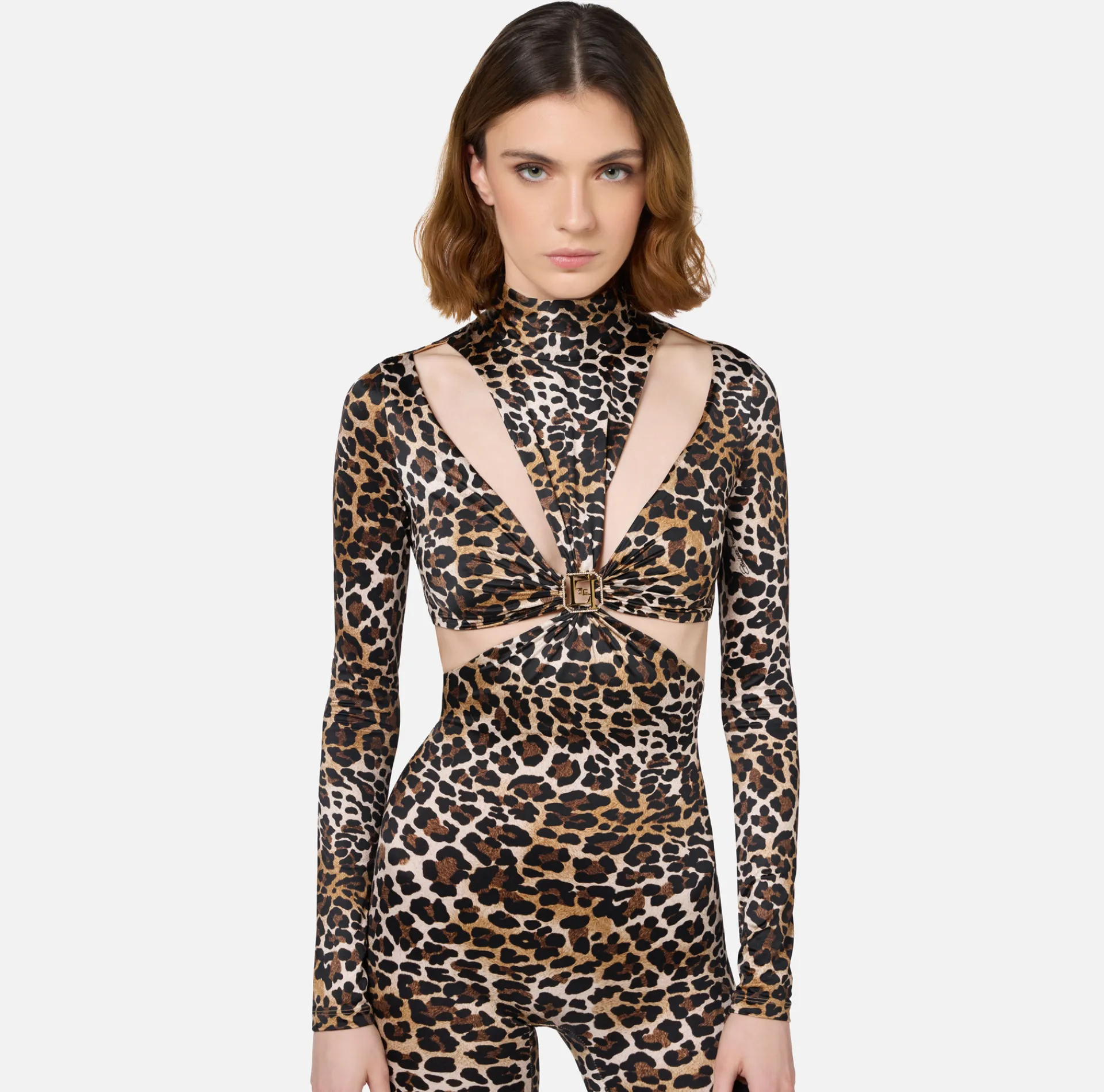 Elisabetta Franchi Jumpsuits|Animalier print Lycra jumpsuit with cut-out pattern and logo accessory Animalprint