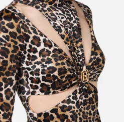 Elisabetta Franchi Jumpsuits|Animalier print Lycra jumpsuit with cut-out pattern and logo accessory Animalprint