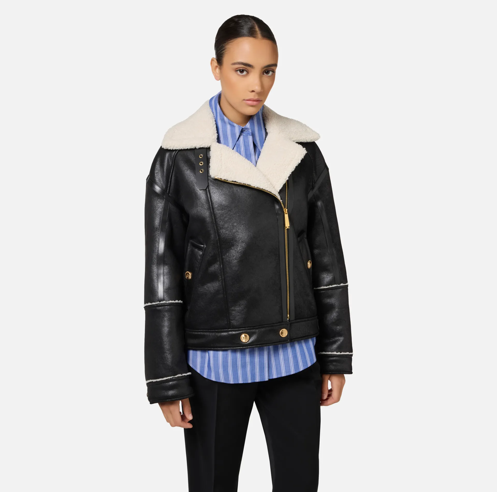 Elisabetta Franchi Coats And Jackets|Aviator faux leather jacket Black