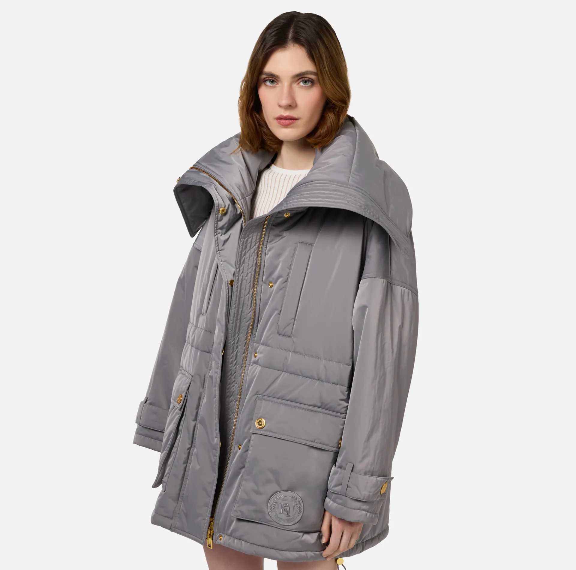 Elisabetta Franchi Coats And Jackets|Aviator type oversized down jacket in satin nylon Steel