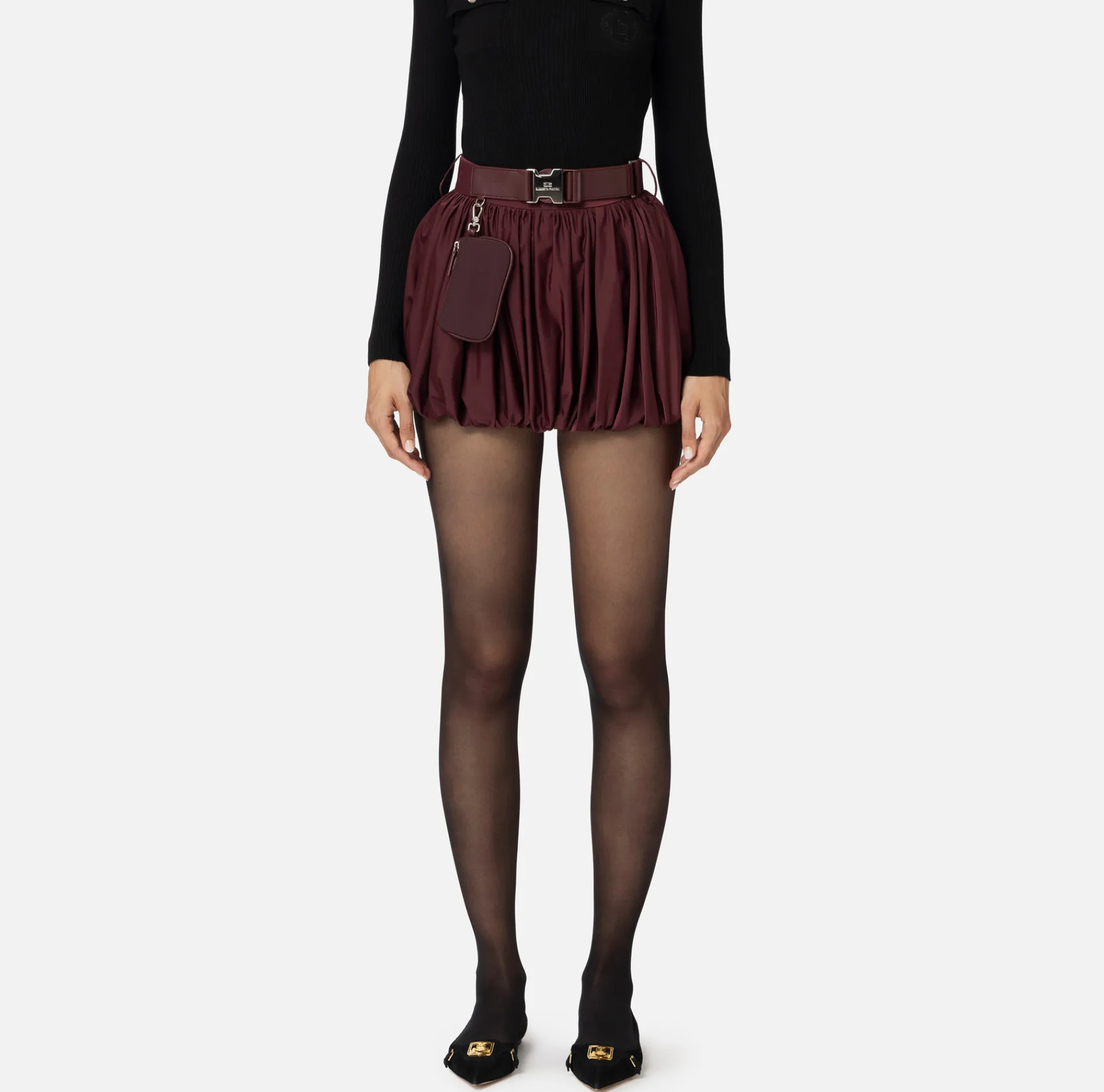 Elisabetta Franchi Skirts|Balloon miniskirt in technical nylon with belt RougeNoir