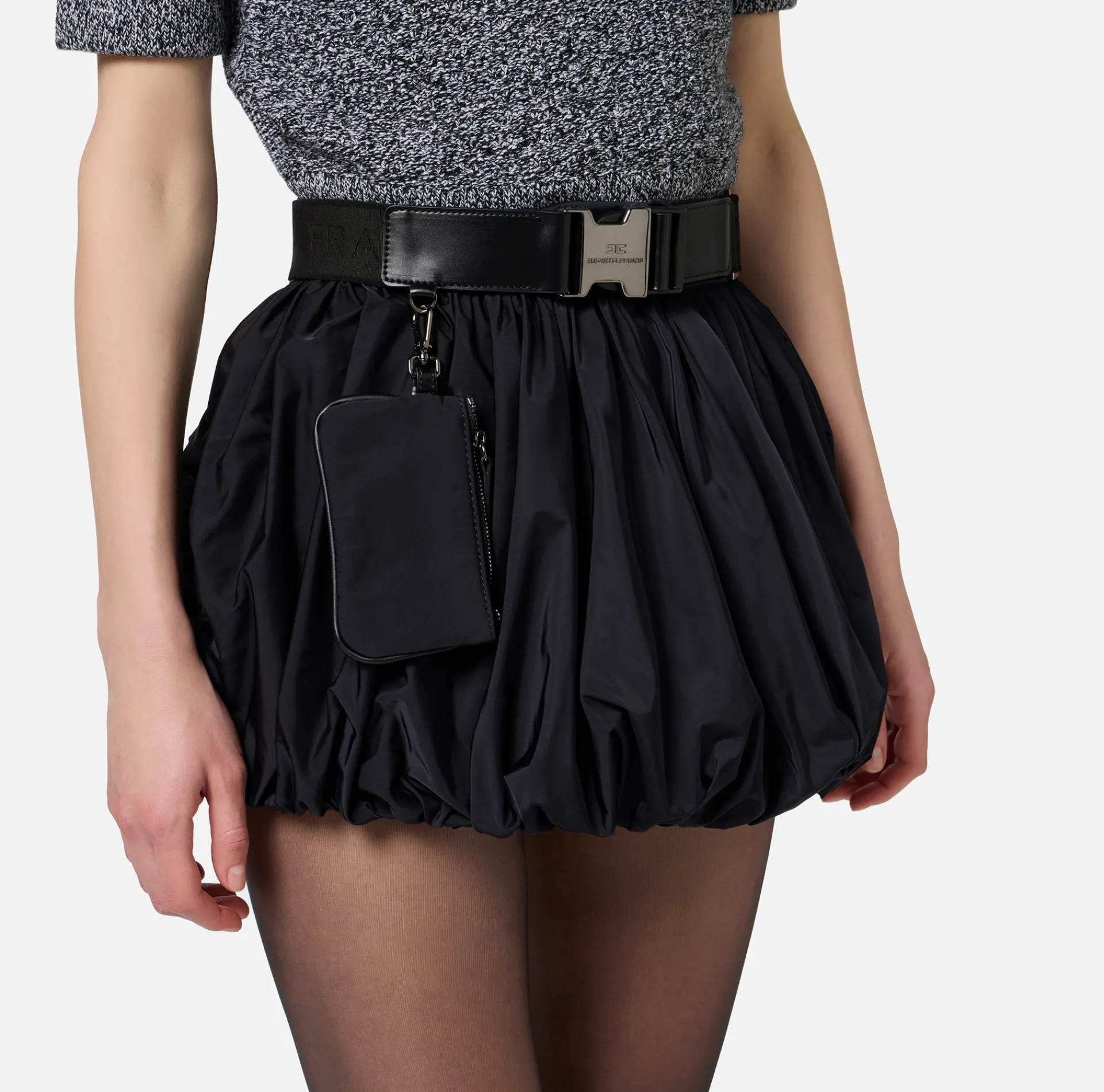Elisabetta Franchi Skirts|Balloon miniskirt in technical nylon with belt Black