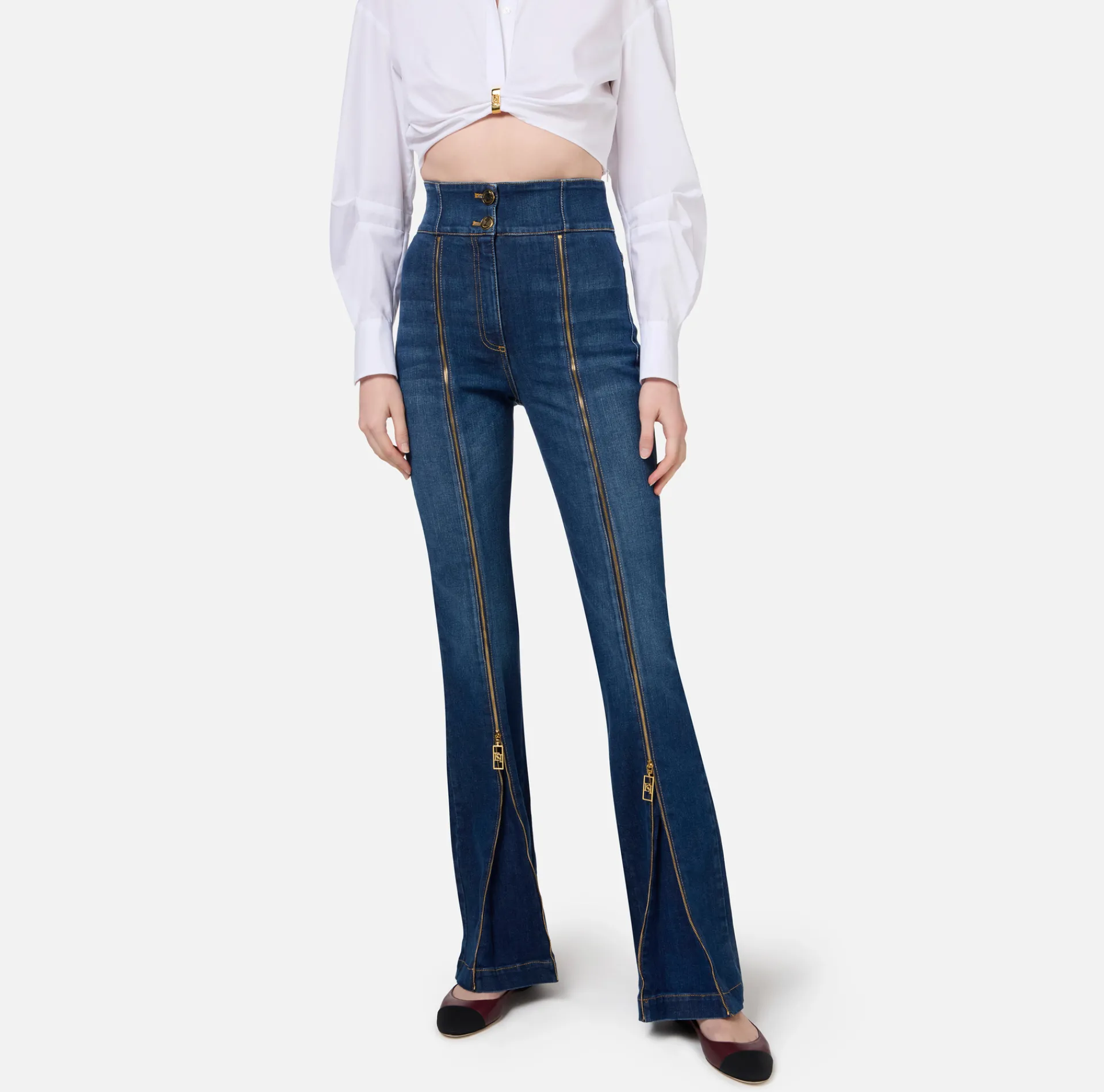 Elisabetta Franchi Jeans|Bell-bottom cotton jeans with zip DenimBlue