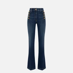Elisabetta Franchi Jeans|Bell-bottom stretch cotton jeans with side button placket