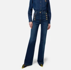 Elisabetta Franchi Jeans|Bell-bottom stretch cotton jeans with side button placket