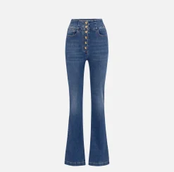 Elisabetta Franchi Jeans|Bell-bottom stretch cotton jeans with central button placket DenimBlue