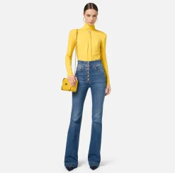 Elisabetta Franchi Jeans|Bell-bottom stretch cotton jeans with central button placket DenimBlue