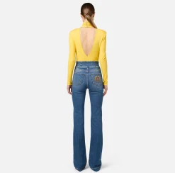 Elisabetta Franchi Jeans|Bell-bottom stretch cotton jeans with central button placket DenimBlue