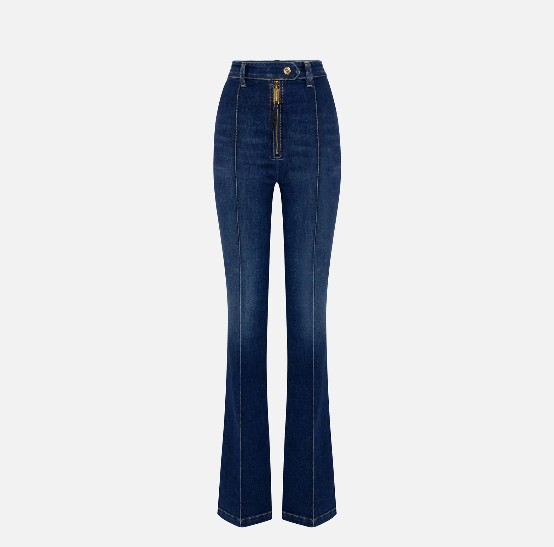 Elisabetta Franchi Jeans|Bell-bottom stretch cotton jeans with ribs DenimBlue