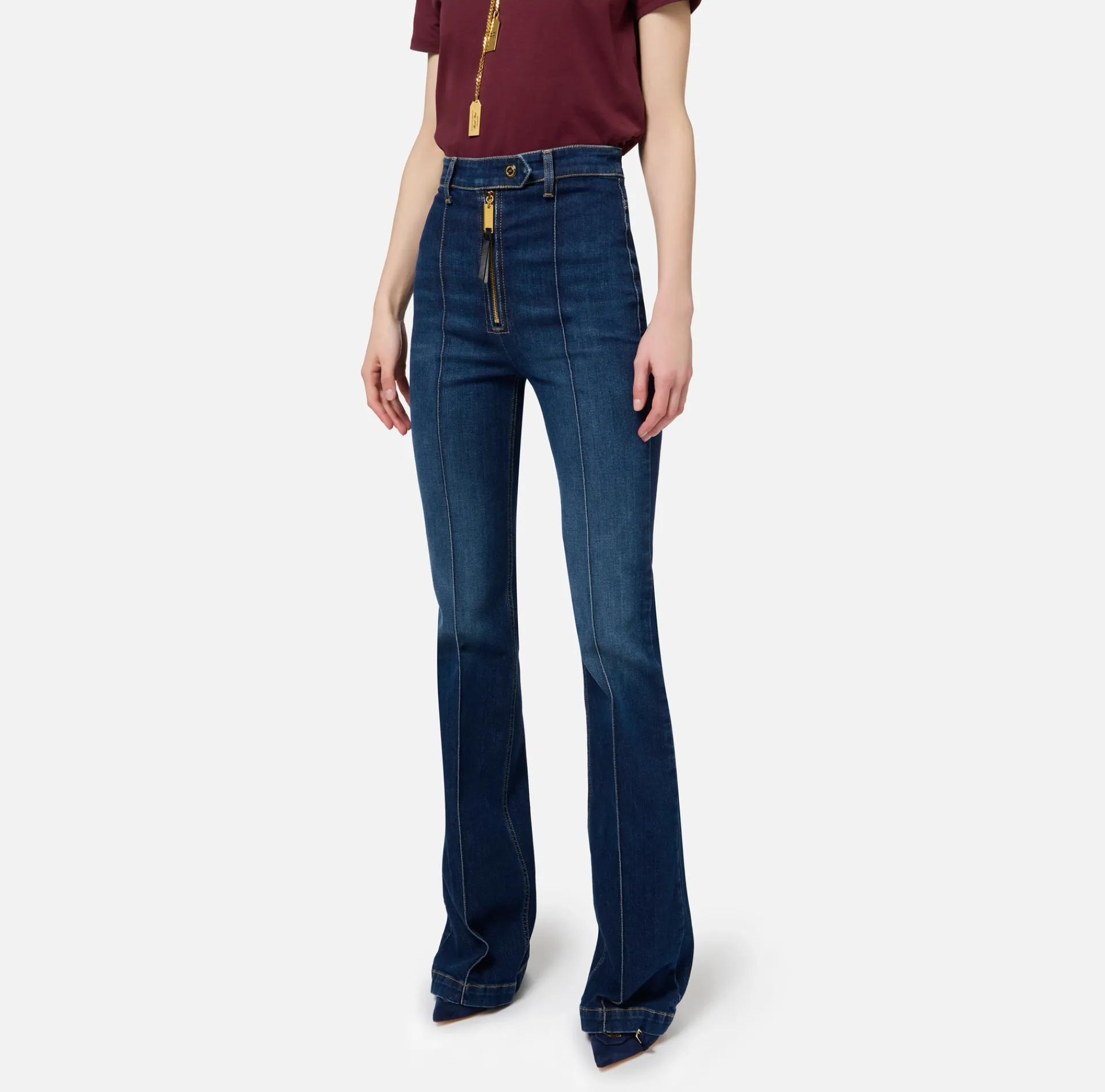 Elisabetta Franchi Jeans|Bell-bottom stretch cotton jeans with ribs DenimBlue