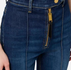 Elisabetta Franchi Jeans|Bell-bottom stretch cotton jeans with ribs DenimBlue