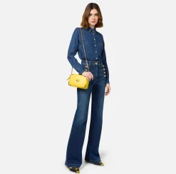 Elisabetta Franchi Jeans|Bell-bottom stretch cotton jeans with side button placket DenimBlue