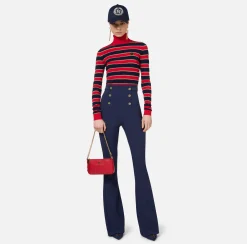 Elisabetta Franchi Trousers And Shorts|Bell-bottom trousers in crêpe fabric with satin waistband Navy