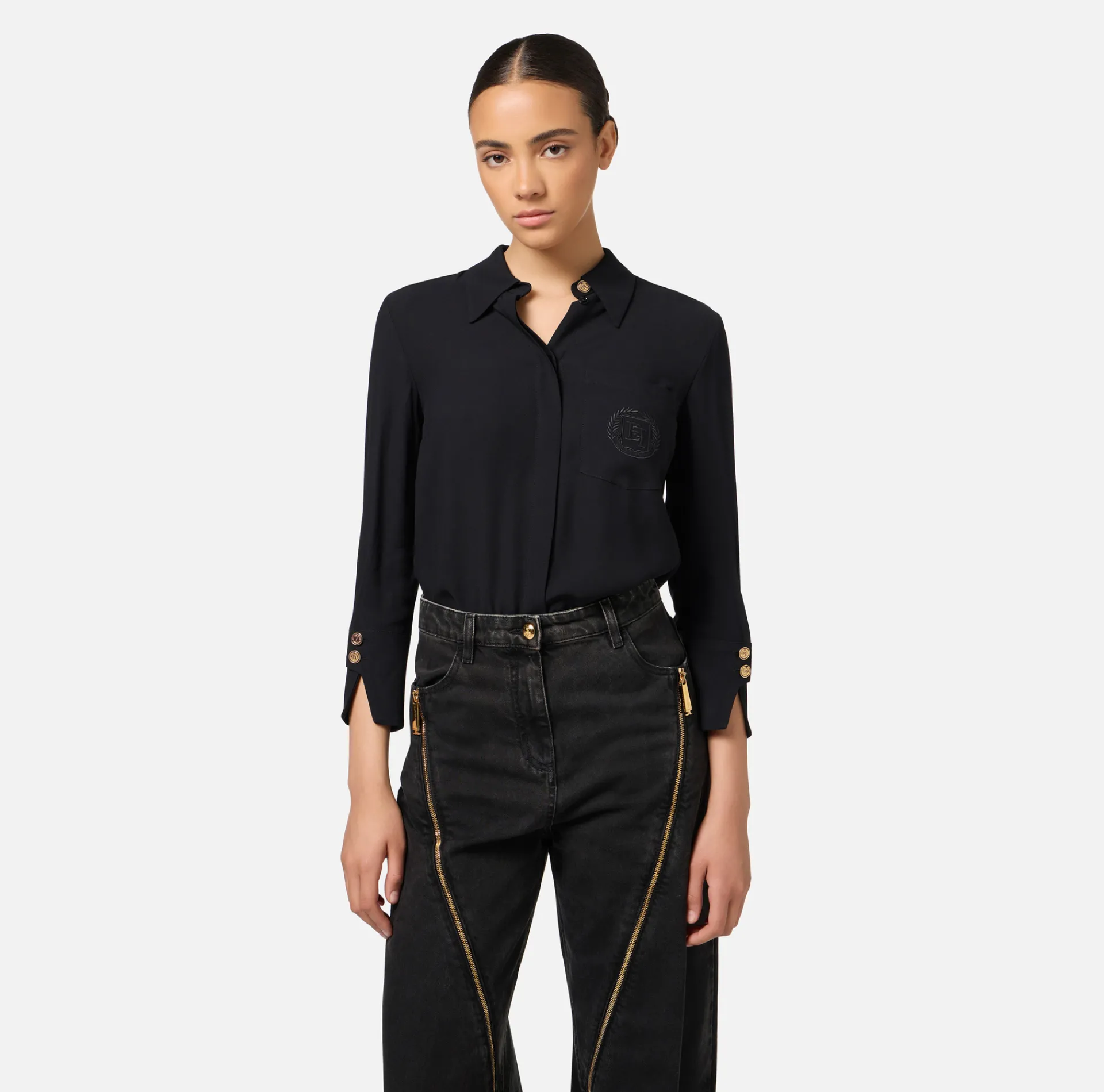 Elisabetta Franchi Shirts And Blouses|Blouse in georgette fabric with logo patch Black