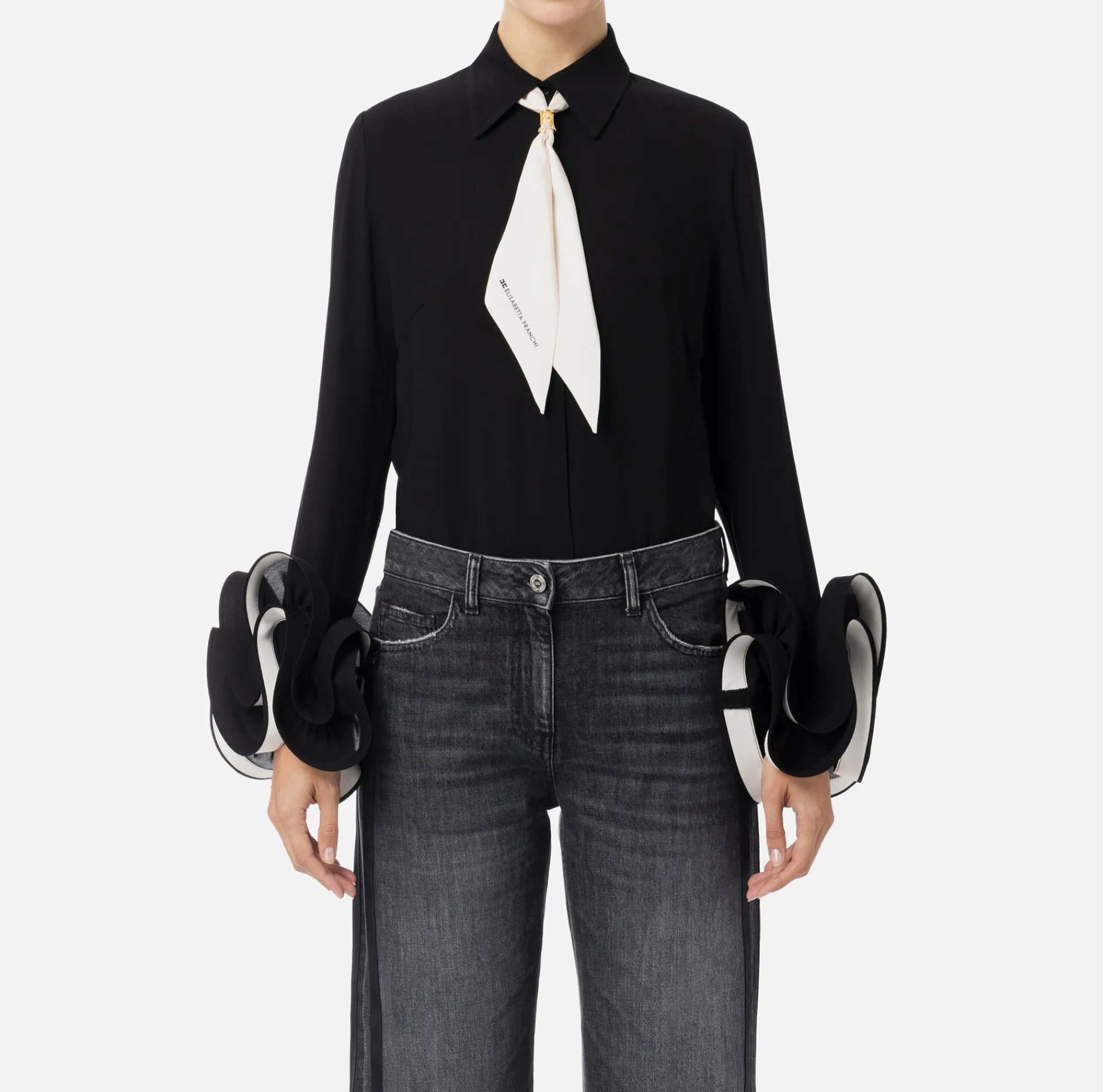 Elisabetta Franchi Shirts And Blouses|Blouse in georgette fabric with ruffles and foulard scarf Black/Butter