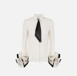 Elisabetta Franchi Shirts And Blouses|Blouse in georgette fabric with ruffles and foulard scarf Butter/Black