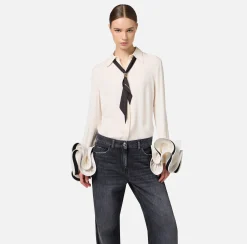 Elisabetta Franchi Shirts And Blouses|Blouse in georgette fabric with ruffles and foulard scarf Butter/Black
