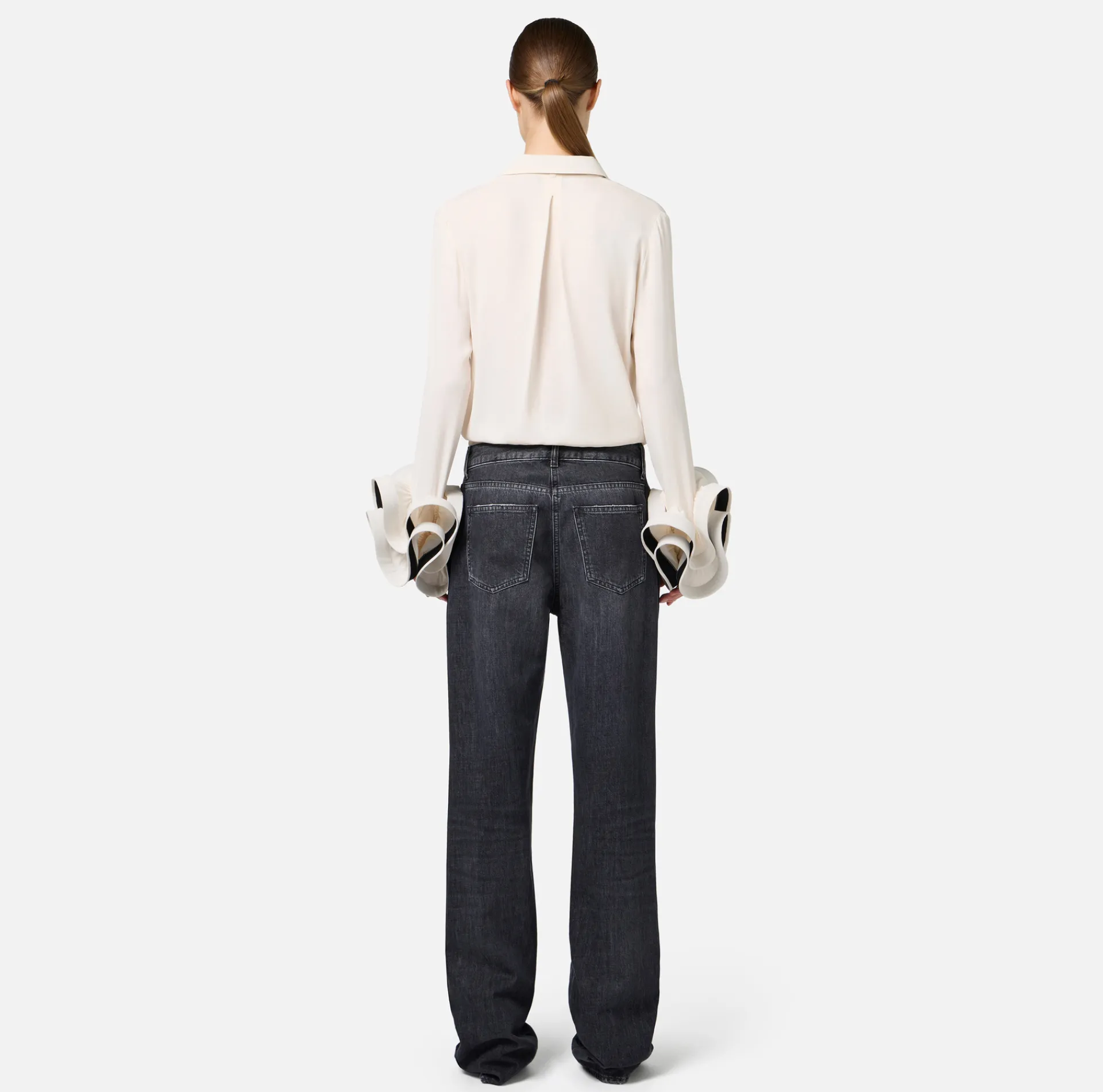 Elisabetta Franchi Shirts And Blouses|Blouse in georgette fabric with ruffles and foulard scarf Butter/Black