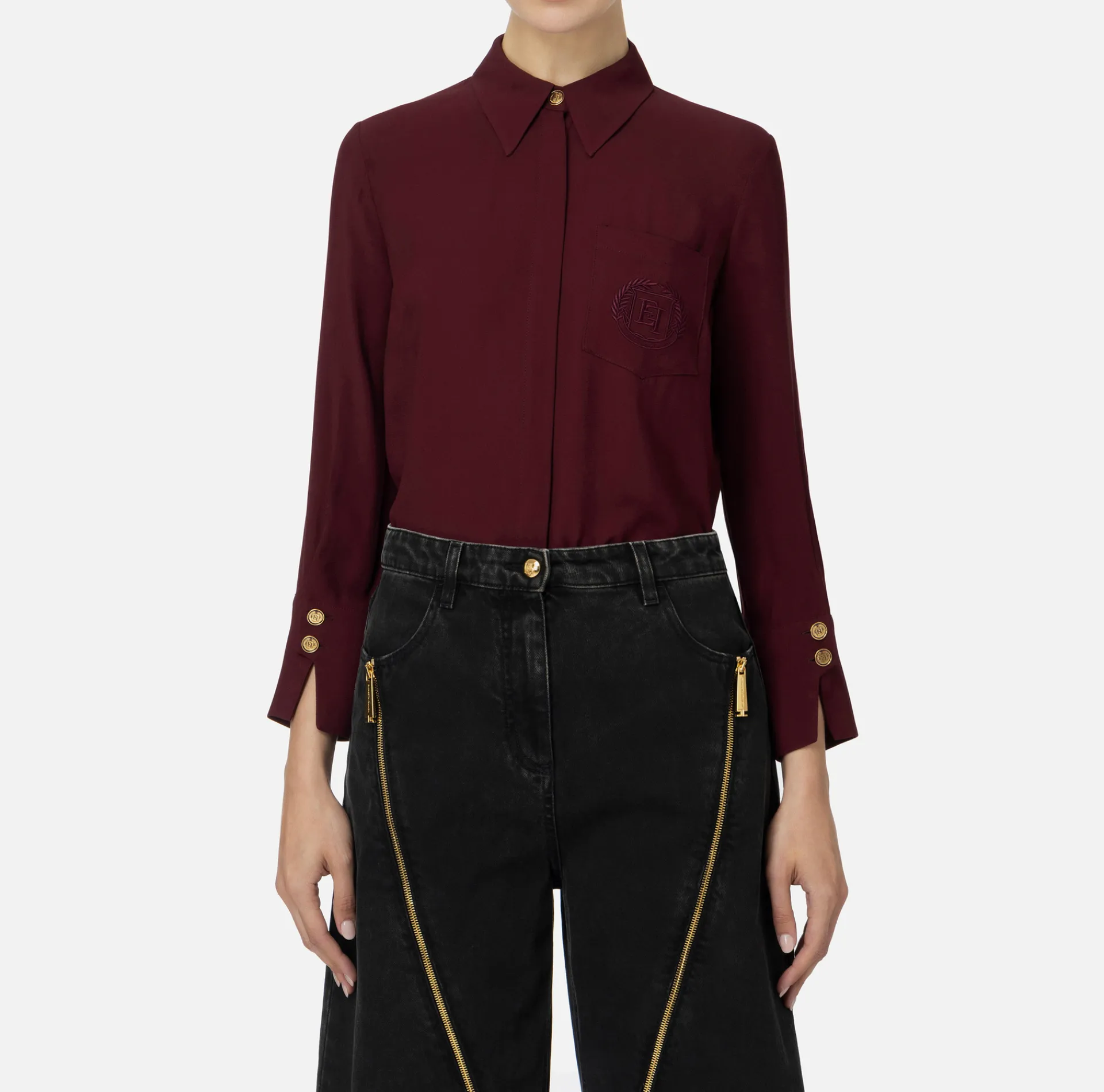 Elisabetta Franchi Shirts And Blouses|Blouse in georgette fabric with logo patch RougeNoir