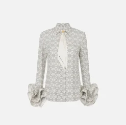 Elisabetta Franchi Shirts And Blouses|Blouse in printed georgette fabric with ruffles and foulard scarf Butter/Black