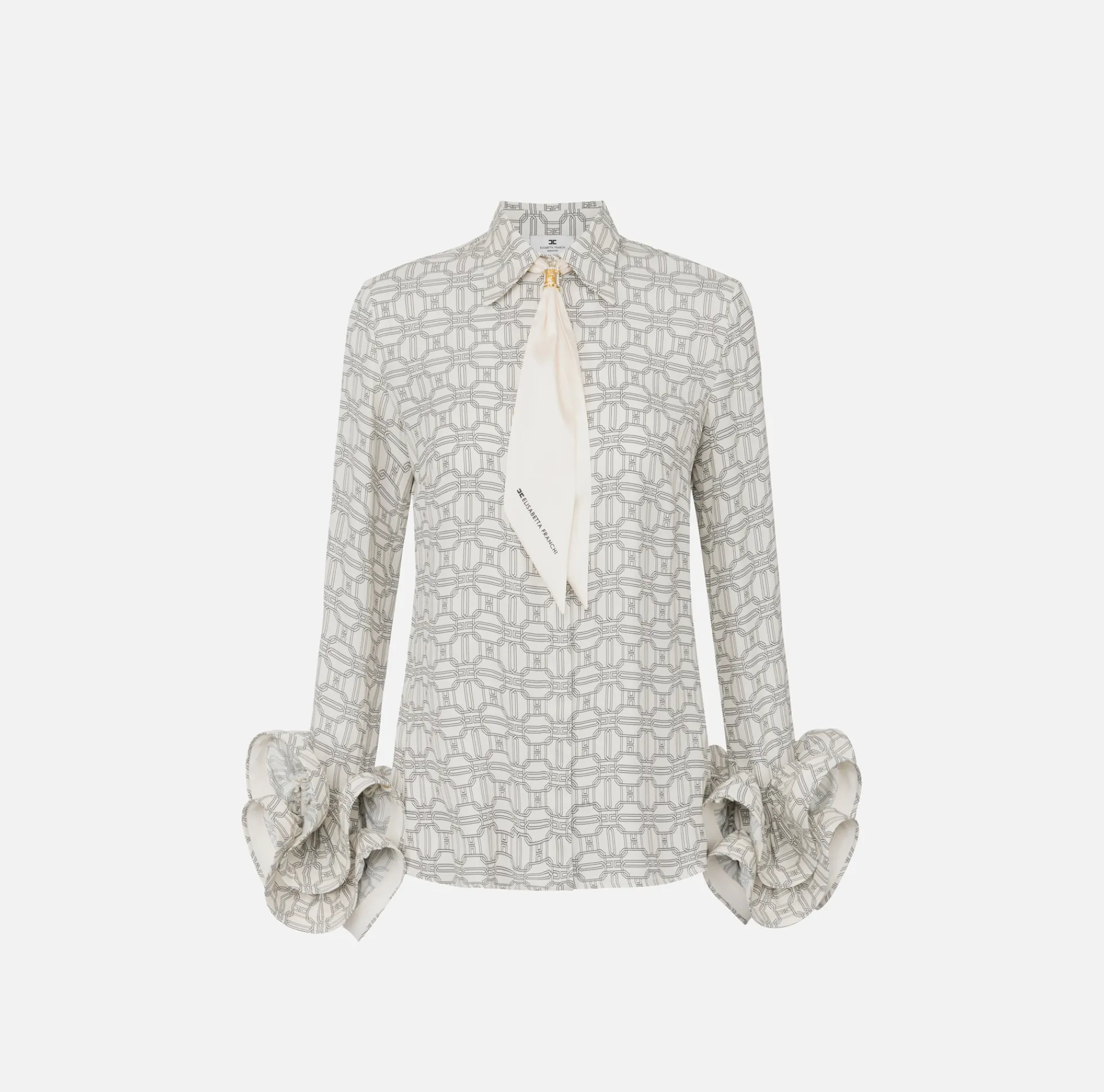 Elisabetta Franchi Shirts And Blouses|Blouse in printed georgette fabric with ruffles and foulard scarf Butter/Black