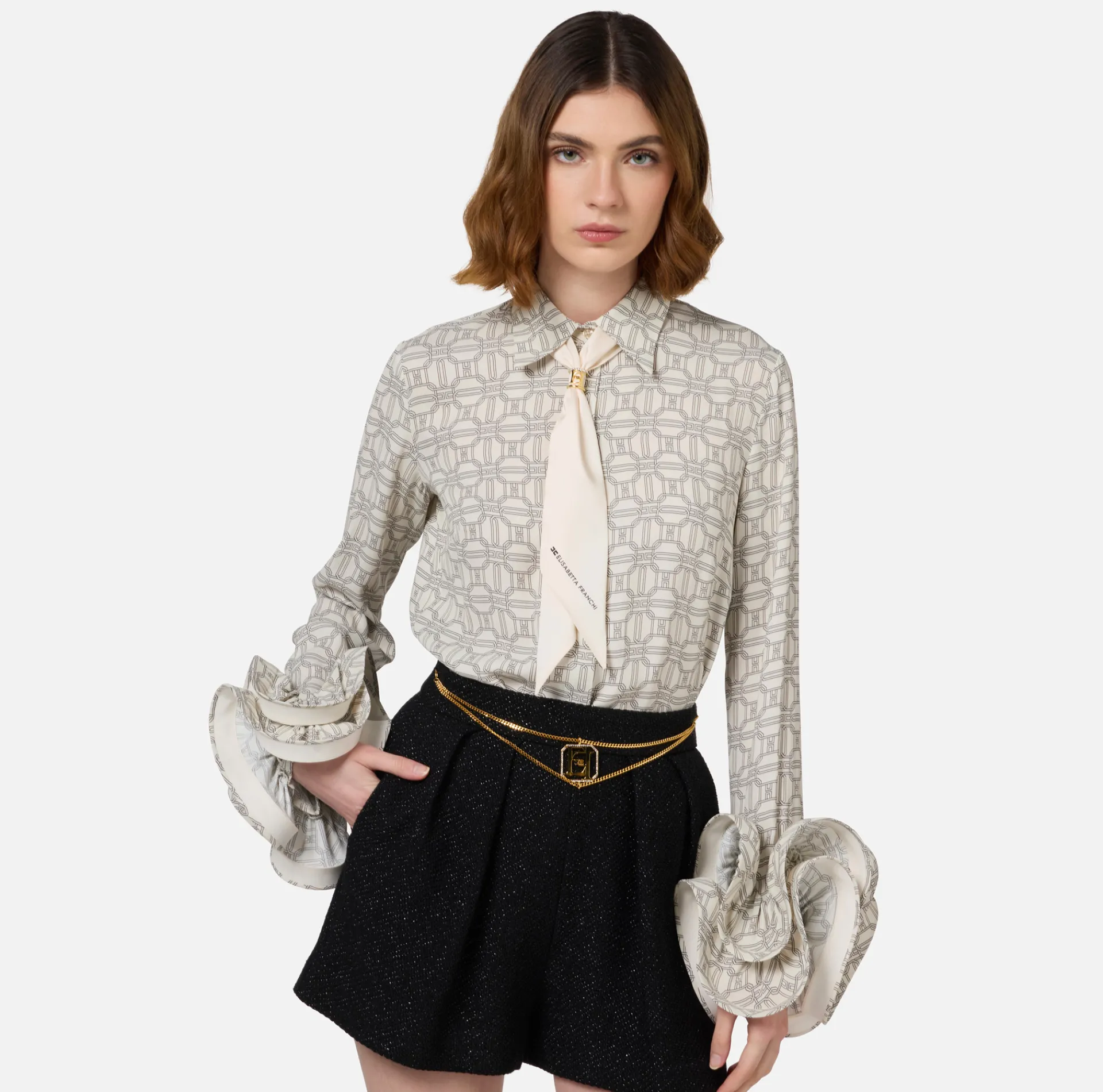 Elisabetta Franchi Shirts And Blouses|Blouse in printed georgette fabric with ruffles and foulard scarf Butter/Black
