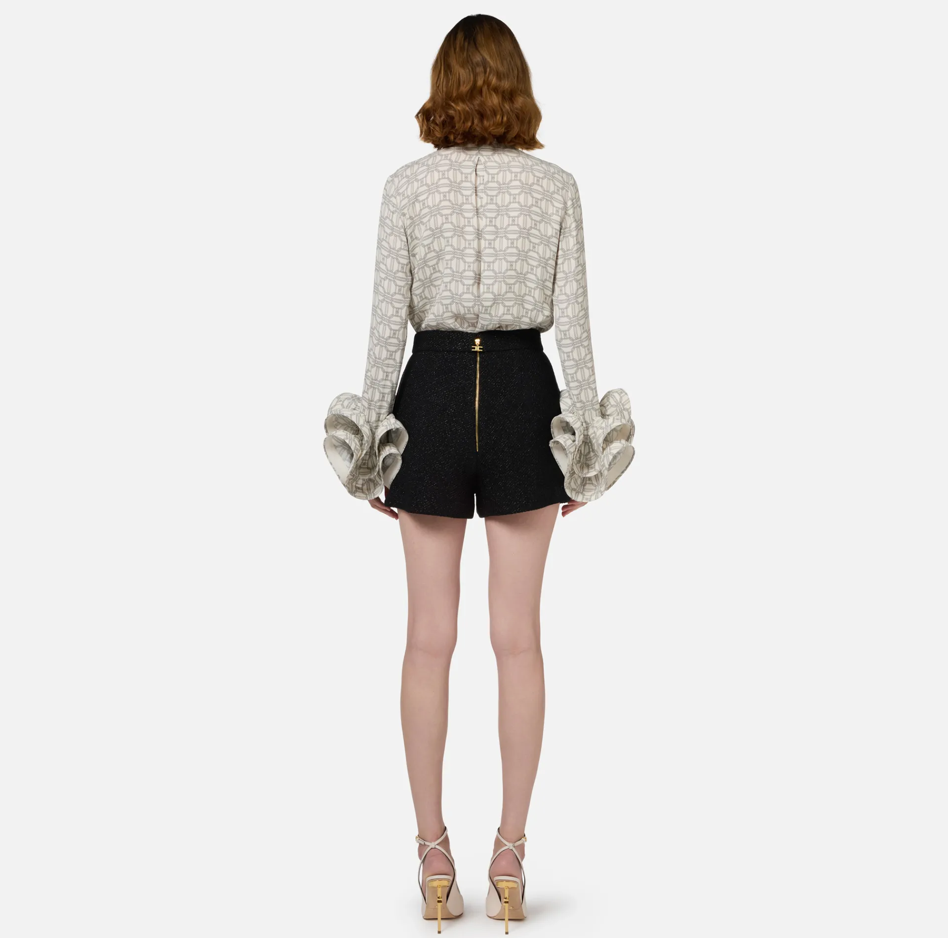 Elisabetta Franchi Shirts And Blouses|Blouse in printed georgette fabric with ruffles and foulard scarf Butter/Black
