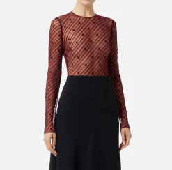 Elisabetta Franchi Top And T-Shirts|Bodysuit in flocked tulle with diagonal pattern RougeNoir