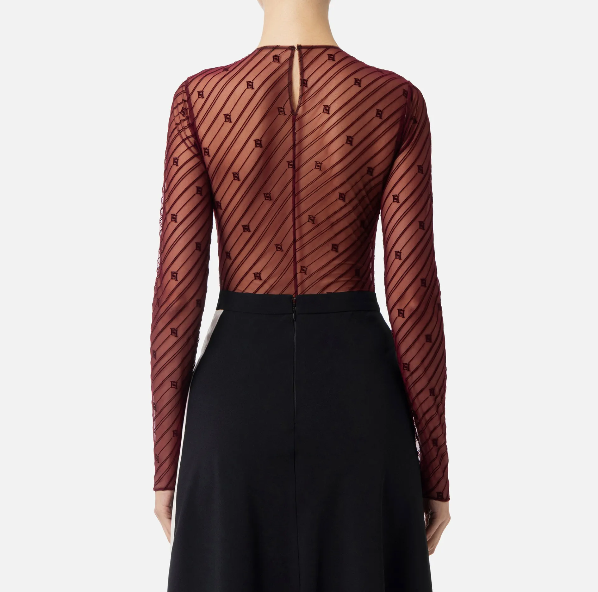 Elisabetta Franchi Top And T-Shirts|Bodysuit in flocked tulle with diagonal pattern RougeNoir