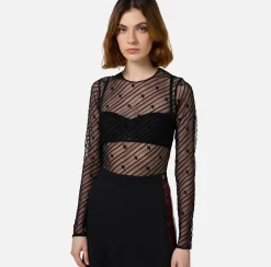 Elisabetta Franchi Top And T-Shirts|Bodysuit in flocked tulle with diagonal pattern Black