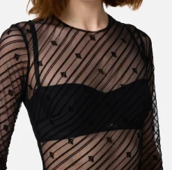 Elisabetta Franchi Top And T-Shirts|Bodysuit in flocked tulle with diagonal pattern Black