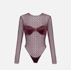 Elisabetta Franchi Top And T-Shirts|Bodysuit in jacquard tulle fabric with cups RougeNoir