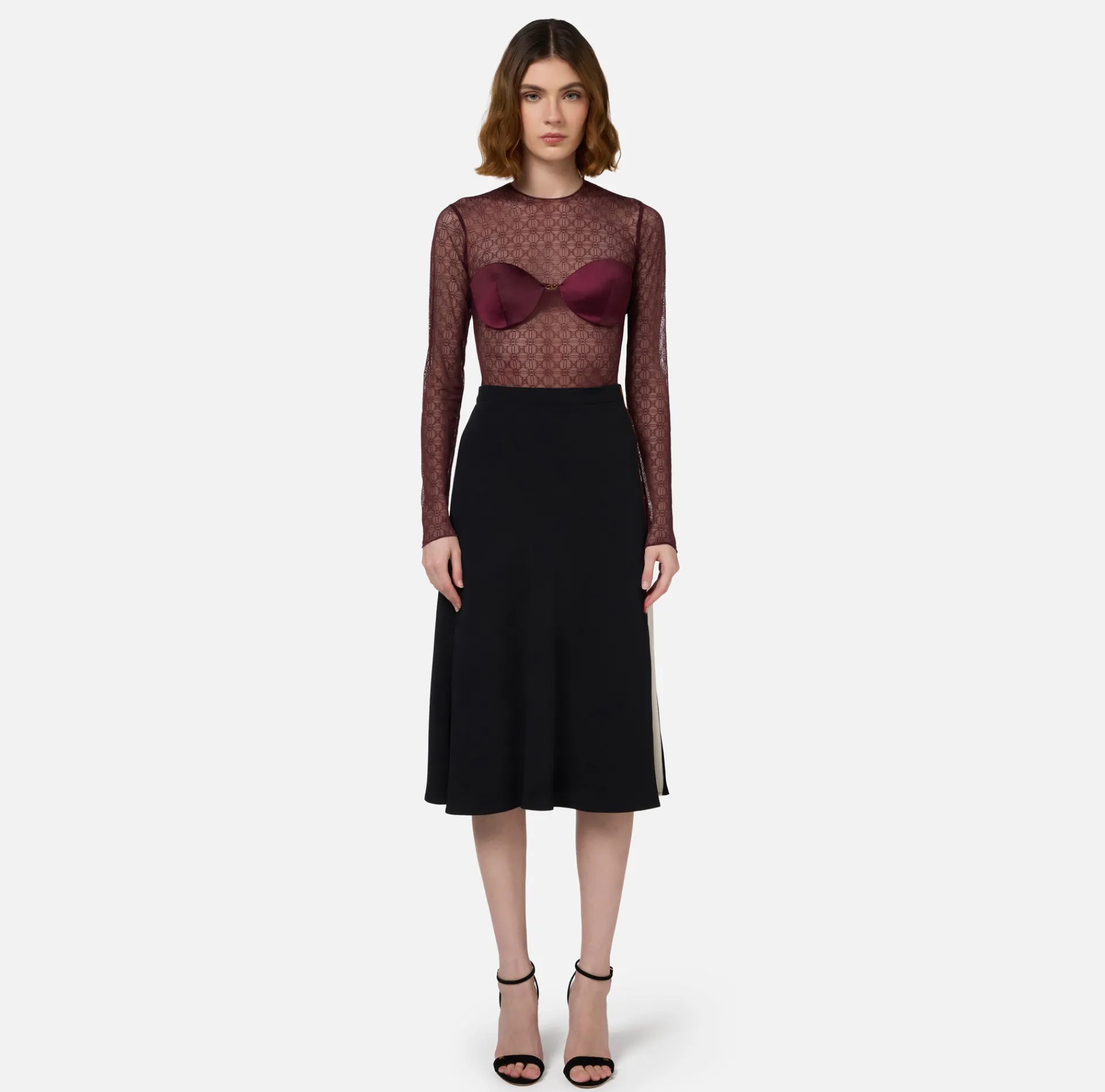 Elisabetta Franchi Top And T-Shirts|Bodysuit in jacquard tulle fabric with cups RougeNoir