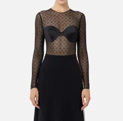 Elisabetta Franchi Top And T-Shirts|Bodysuit in jacquard tulle fabric with cups Black
