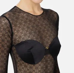 Elisabetta Franchi Top And T-Shirts|Bodysuit in jacquard tulle fabric with cups Black
