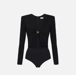 Elisabetta Franchi Top And T-Shirts|Bodysuit in jersey fabric with jewel ring Black
