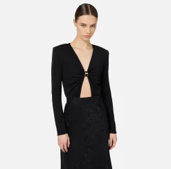 Elisabetta Franchi Top And T-Shirts|Bodysuit in jersey fabric with jewel ring Black