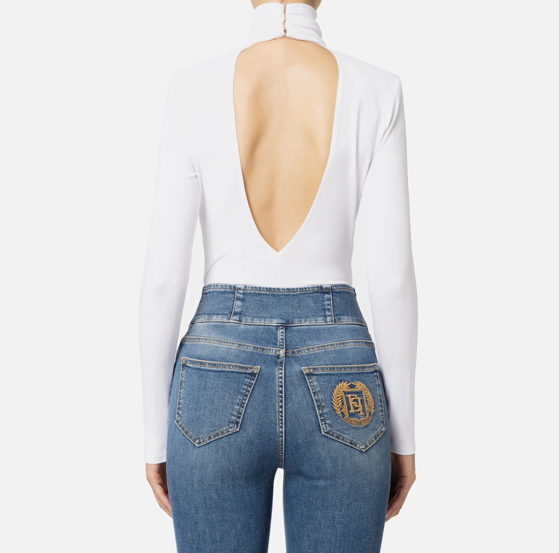 Elisabetta Franchi Top And T-Shirts|Bodysuit in jersey fabric with draping and logo plaque Ivory
