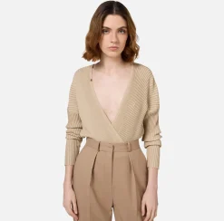 Elisabetta Franchi Top And T-Shirts|Bodysuit in narrow-ribbed lurex and viscose fabric Tan