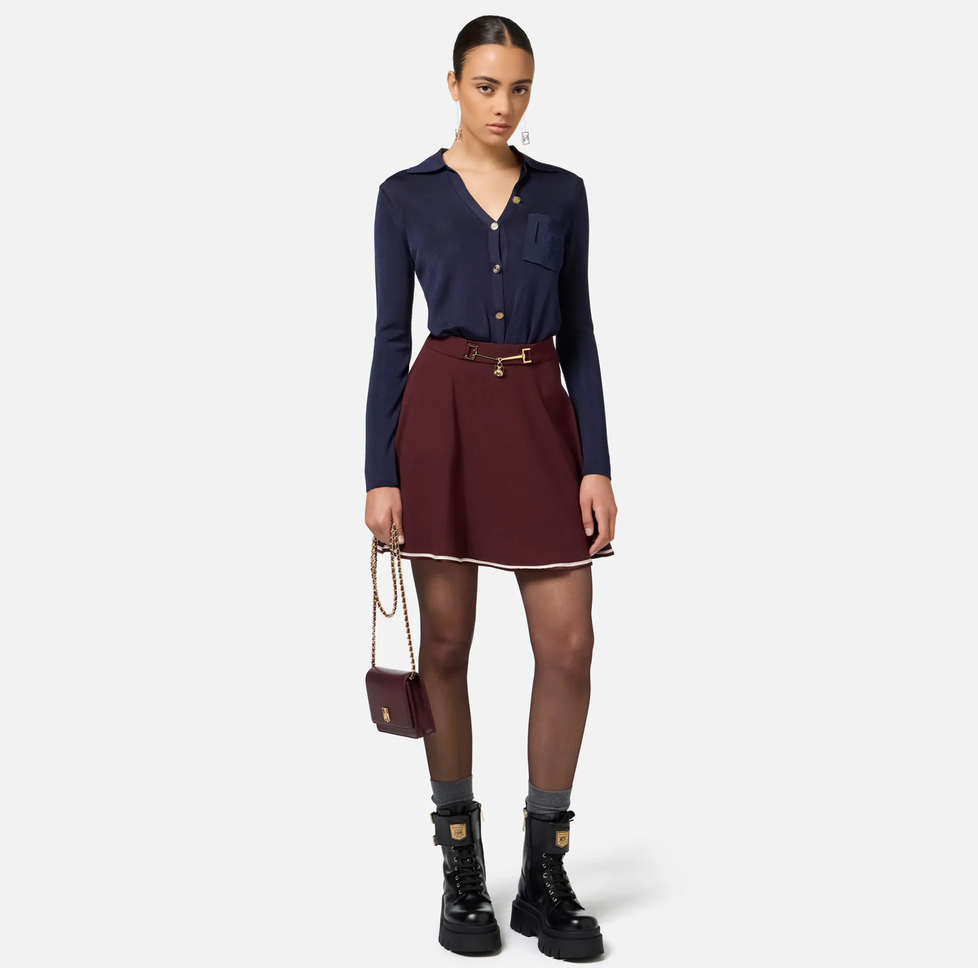 Elisabetta Franchi Top And T-Shirts|Bodysuit in shiny viscose fabric with logo embroidery Navy