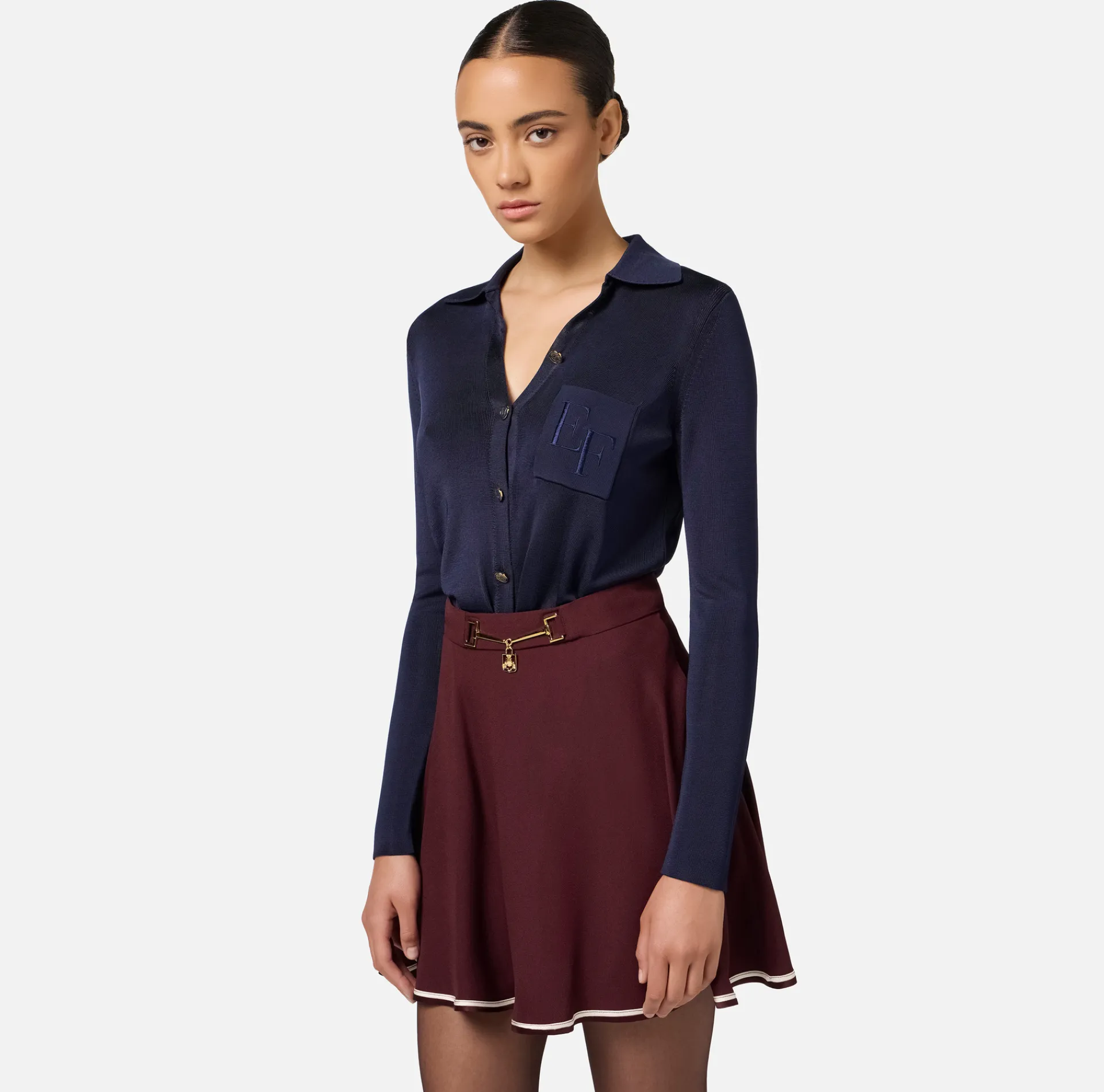 Elisabetta Franchi Top And T-Shirts|Bodysuit in shiny viscose fabric with logo embroidery Navy