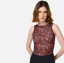 Elisabetta Franchi Top And T-Shirts|Bodysuit in tulle fabric with lettering RougeNoir
