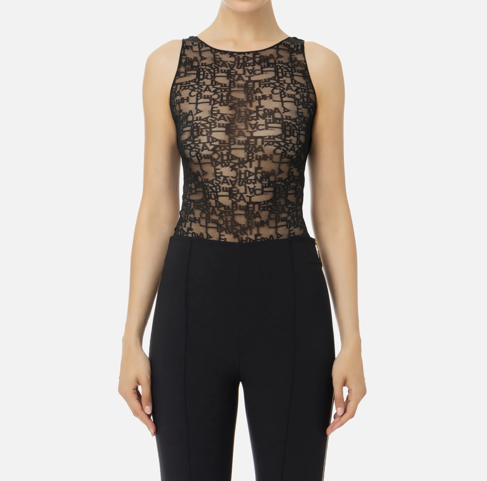 Elisabetta Franchi Top And T-Shirts|Bodysuit in tulle fabric with lettering Black