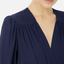 Elisabetta Franchi Shirts And Blouses|Top And T-Shirts|Bodysuit-style blouse in georgette fabric with embroidery on the shoulders Navy
