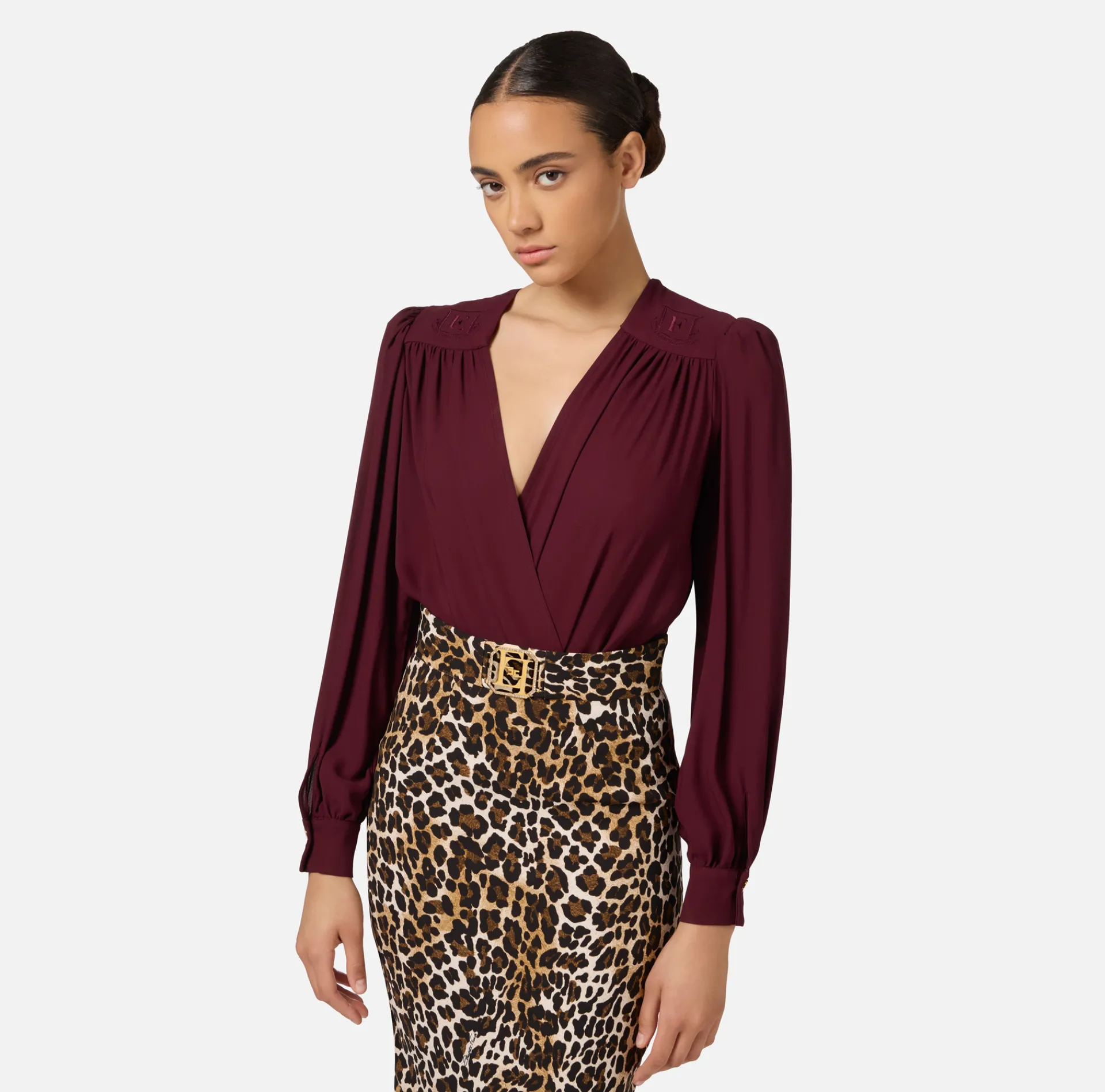 Elisabetta Franchi Shirts And Blouses|Top And T-Shirts|Bodysuit-style blouse in georgette fabric with embroidery on the shoulders RougeNoir