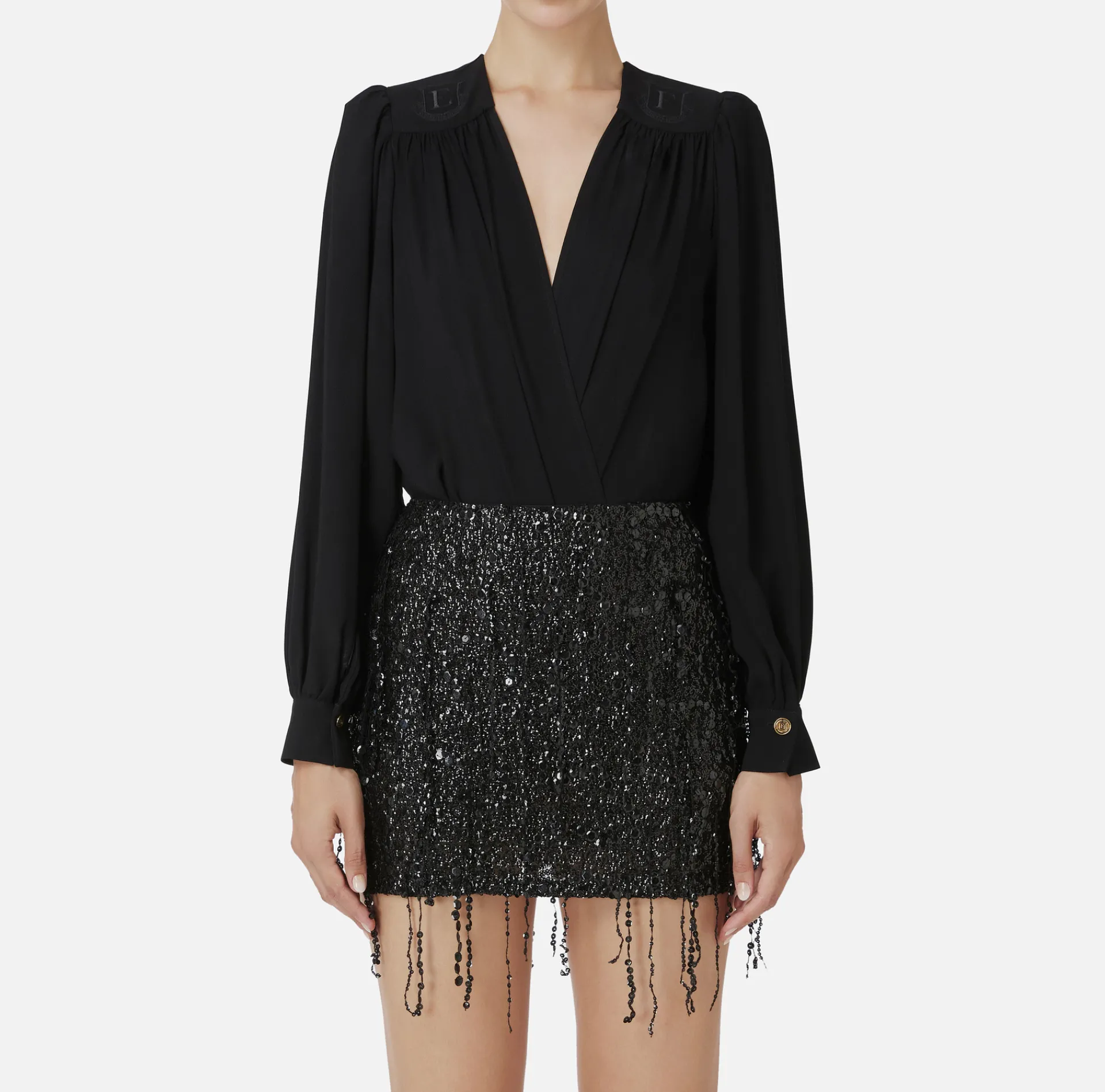 Elisabetta Franchi Shirts And Blouses|Top And T-Shirts|Bodysuit-style blouse in georgette fabric with embroidery on the shoulders Black