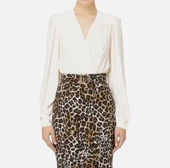 Elisabetta Franchi Shirts And Blouses|Top And T-Shirts|Bodysuit-style blouse in georgette fabric with embroidery on the shoulders Butter